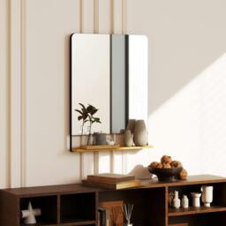 Rackhams Decorative Mirror with Wood Shelf, Industrial Wall Mirror, Black - 80 x 60 x 10 cm - Wall Mirror - Black - thumbnail 1