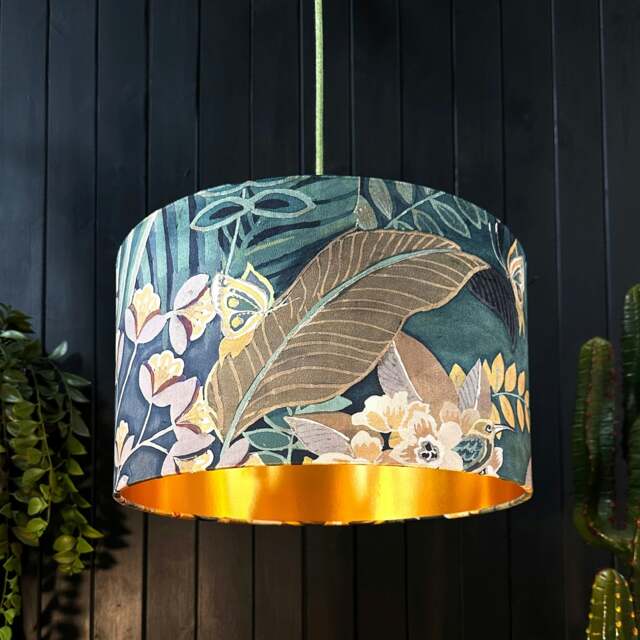 "Rackhams Hawk Moth Velvet Lampshade With Gold Lining - Ceiling Pendant / Arc Lamp - 30cm Diameter x 25cm Height (12"" x 10"")" - image 1