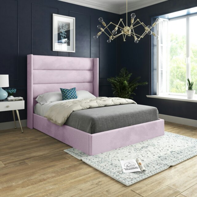 Rackhams Nuno Straight Winged Upholstered Soft Velvet Bed Frame - Blue - Pink - Small single - image 1