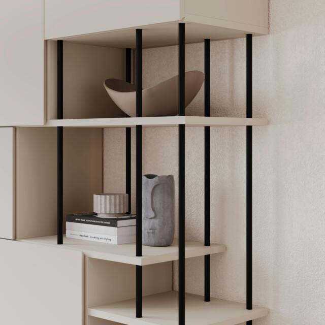 Rackhams Modern Key Bookcase 5-Doors Storage Cabinet and Minimal Open Shelves Display Unit Metal Legs 84(W)x175(H)cm - Sandstone - image 1