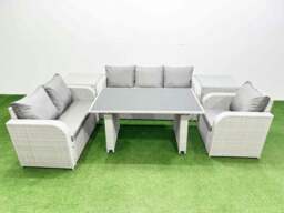 Rackhams Rattan Outdoor Table Reclining Chair Sofa Set with 2 Side Tables Light Grey 6 Seater - thumbnail 1