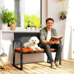 Rackhams 2 Seater Rattan Garden Bench with Cushion, Steel Frame, Orange