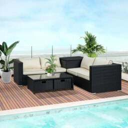 Rackhams 4Pcs Patio Rattan Sofa Garden Furniture Set Table w/ Cushions Black - Black - PE Rattan, Steel - 134cmx75cmx66cm - thumbnail 1