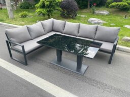 Rackhams Aluminum Outdoor Garden Furniture Corner Sofa Adjustable Rising Lifting Dining Table Sets Dark Grey Black Tempered Glass 6 Seater - thumbnail 1