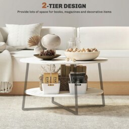 Rackhams Round Coffee Table with Storage Shelf and Marble Effect Top, White - White - thumbnail 3