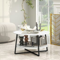 Rackhams Round Coffee Table with Storage Shelf and Marble Effect Top, White - White - thumbnail 1