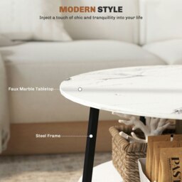 Rackhams Round Coffee Table with Storage Shelf and Marble Effect Top, White - White - thumbnail 4