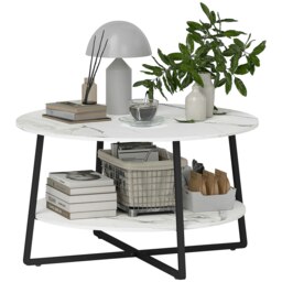 Rackhams Round Coffee Table with Storage Shelf and Marble Effect Top, White - White - thumbnail 2