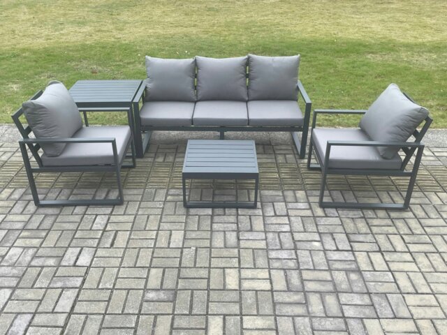 Rackhams Aluminium Outdoor Garden Furniture Set Lounge Sofa 2 PC Chairs Square Coffee Table Sets with Side Table Dark Grey - image 1