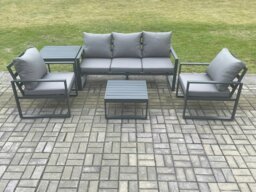 Rackhams Aluminium Outdoor Garden Furniture Set Lounge Sofa 2 PC Chairs Square Coffee Table Sets with Side Table Dark Grey - thumbnail 1