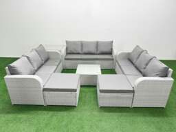 Rackhams PE Rattan Lounge Sofa Set 11 Seater Outdoor Garden Furniture Set with Square Coffee Table 3 Seater Sofa 2 Big Footstools Side Table Light Grey - thumbnail 1