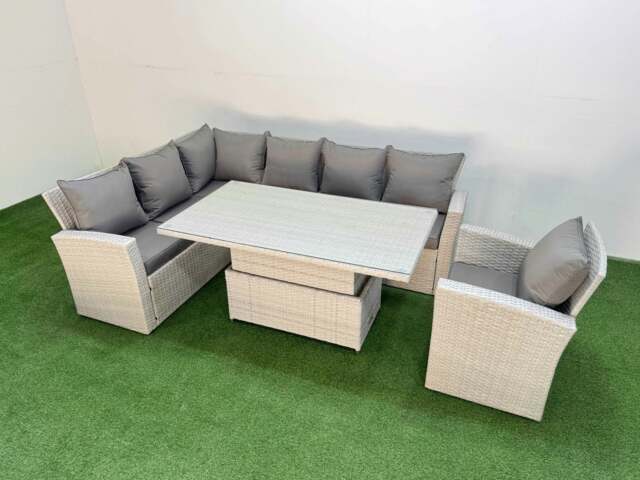 Rackhams 7 Seat Rattan Outdoor Garden Furniture Corner Sofa Set Adjustable Lifting Dining or Coffee Table Set with Armchair Light Grey - image 1