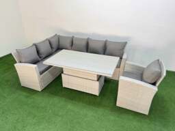 Rackhams 7 Seat Rattan Outdoor Garden Furniture Corner Sofa Set Adjustable Lifting Dining or Coffee Table Set with Armchair Light Grey - thumbnail 1