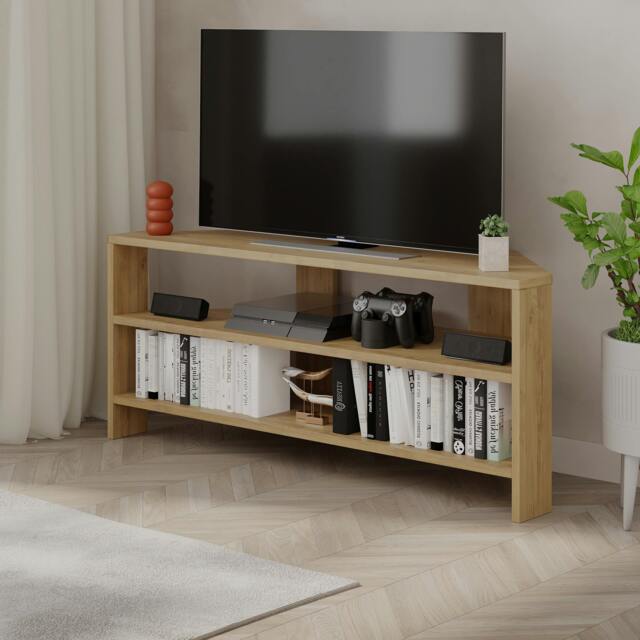 "Rackhams Thales Corner TV Stand for 32"" TVs with Open Shelves & Soft Rounded Edge 110cm Modern Multimedia Console - Oak"