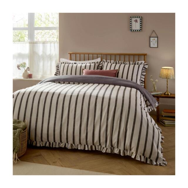 Rackhams Connie Ruffles Striped Duvet Cover Set - Chocolate - Single - Chocolate - 60% Cotton/40% Polyester - image 1
