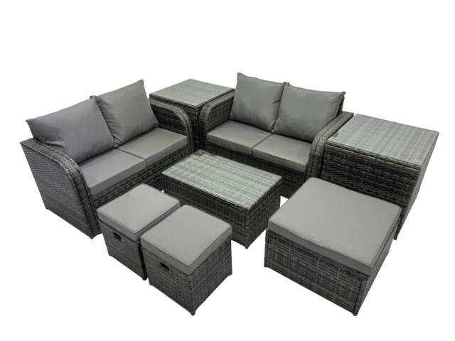 Rackhams Outdoor Love Sofa Coffee Table Set Garden Rattan Furniture Set 7 Seater with 3 Stools 2 Side Tables Dark Grey - image 1