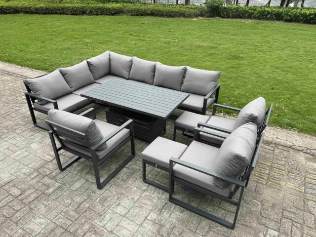 Rackhams 11 Seater Aluminium Garden Furniture Set with Adjustable Rising Dining Table, Corner Sofa, 3 Chairs, 2 Footstools - Grey