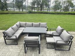 Rackhams 11 Seater Aluminium Garden Furniture Set with Adjustable Rising Dining Table, Corner Sofa, 3 Chairs, 2 Footstools - Grey - thumbnail 2