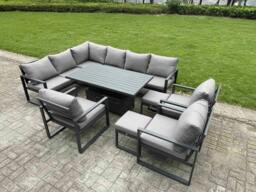 Rackhams 11 Seater Aluminium Garden Furniture Set with Adjustable Rising Dining Table, Corner Sofa, 3 Chairs, 2 Footstools - Grey - thumbnail 1