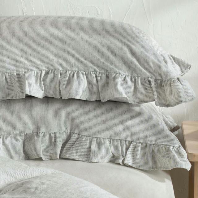 Rackhams White & Grey Ruffled Linen Cotton Blend Pillowcases - Super King - Pair - Oxford - image 1
