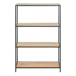 Rackhams Seaford Black Metal Low Bookcase with 3 Oak Shelves - 1 - Black and Natural - Wood - thumbnail 2