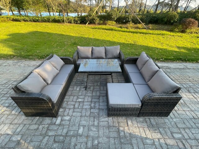 Rackhams 10 Seater Wicker Rattan Garden Furniture Set with Rectangular Dining Table Big Footstool Patio Outdoor Lounge Sofa Set - image 1
