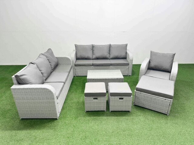 Rackhams 10 Seater Poly Rattan Outdoor Garden Furniture Sofa Set Patio 3 Seater Sofa Reclining Chair 3 Seater Sofa 3 Stools Light Grey - image 1