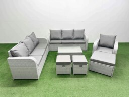 Rackhams 10 Seater Poly Rattan Outdoor Garden Furniture Sofa Set Patio 3 Seater Sofa Reclining Chair 3 Seater Sofa 3 Stools Light Grey - thumbnail 1