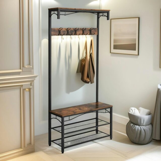 Rackhams Industrial Coat Rack Shoe Storage Bench Rustic Brown - image 1