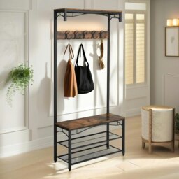 Rackhams Industrial Coat Rack Shoe Storage Bench Rustic Brown - thumbnail 4