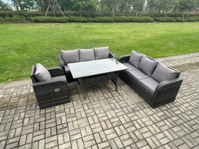 Rackhams 7 Seater Lounge Rattan Sofa Set Outdoor Garden Furniture Oblong Rectangular Dining Table With Adjustable Chair Dark Grey Mixed - image 1