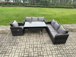 Rackhams 7 Seater Lounge Rattan Sofa Set Outdoor Garden Furniture Oblong Rectangular Dining Table With Adjustable Chair Dark Grey Mixed - thumbnail 2