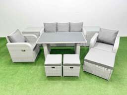 Rackhams Outdoor Rattan Garden Furniture Dining Set 8 seater Patio Rectangular Table 3 Seater Sofa Reclining Chair Set with 2 Side Tables 3 Stools - thumbnail 1