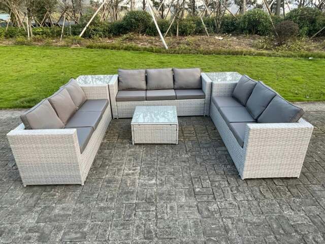 Rackhams Light Grey Lounge Outdoor PE Rattan Garden Furniture Set Wicker Sofa Set Square Coffee Table 2 Side Table 9 Seat - image 1