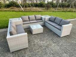 Rackhams Light Grey Lounge Outdoor PE Rattan Garden Furniture Set Wicker Sofa Set Square Coffee Table 2 Side Table 9 Seat - thumbnail 2