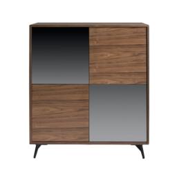 Rackhams Mirror Effect Black Glass, Walnut and Black Steel Tall Sideboard 3059 - thumbnail 2