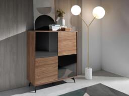 Rackhams Mirror Effect Black Glass, Walnut and Black Steel Tall Sideboard 3059 - thumbnail 3