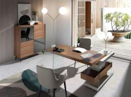 Rackhams Mirror Effect Black Glass, Walnut and Black Steel Tall Sideboard 3059 - thumbnail 4