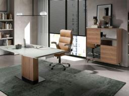 Rackhams Mirror Effect Black Glass, Walnut and Black Steel Tall Sideboard 3059 - thumbnail 6