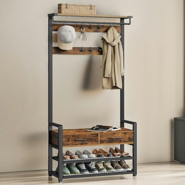 Rackhams Industrial Hall Tree Coat Rack Shoe Storage Bench Brown - image 1