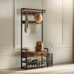 Rackhams Industrial Hall Tree Coat Rack Shoe Storage Bench Brown - thumbnail 4