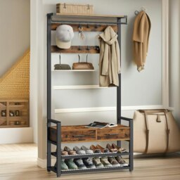 Rackhams Industrial Hall Tree Coat Rack Shoe Storage Bench Brown - thumbnail 2