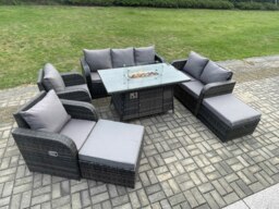 Rackhams Garden Patio Furniture Wicker Rattan Gas Fire Pit Table and Sofa Chair set with 2 Big Footstool - thumbnail 2
