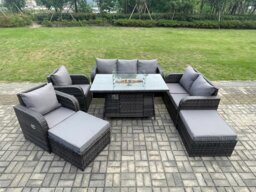 Rackhams Garden Patio Furniture Wicker Rattan Gas Fire Pit Table and Sofa Chair set with 2 Big Footstool - thumbnail 1