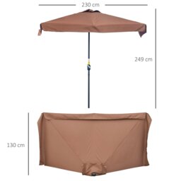 Rackhams 2.3m Half Parasol Semi Round Umbrella Patio Metal Frame Crank Handle for Balcony- NO BASE INCLUDED, Brown - Dark Grey - 293cm x 150cm x 249cm - thumbnail 6