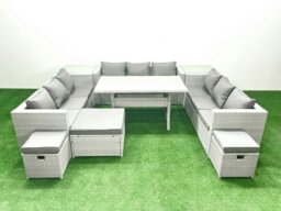 Rackhams Rattan Garden Outdoor Furniture Set 12 Seater Garden Sofa Rectangulr Dining Table Set with 3 Footstools 2 Side Tables Light Grey Mixed - thumbnail 1