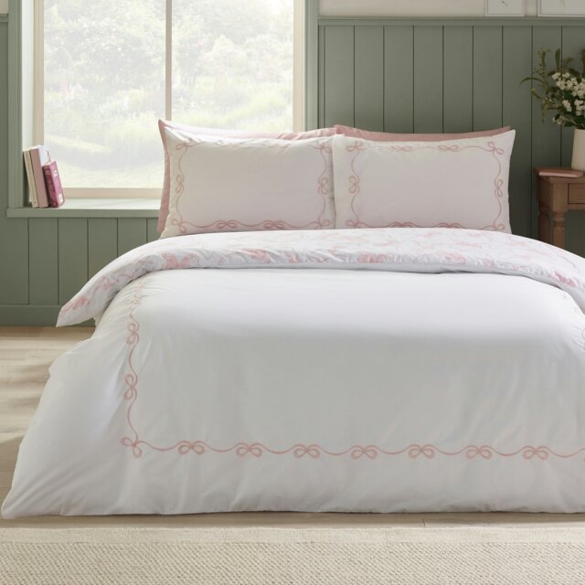 Rackhams Bow Embroidery Duvet Cover Set White / Pink - Single - image 1