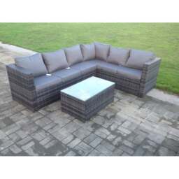 Rackhams Rattan Corner Sofa Set Rectangular Oblong Coffee Table Outdoor Garden Furniture In Grey Mix 6 Seater With Seat And Back Cushion Right Hand - thumbnail 2