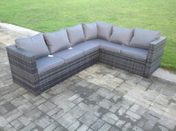 Rackhams Rattan Corner Sofa Set Rectangular Oblong Coffee Table Outdoor Garden Furniture In Grey Mix 6 Seater With Seat And Back Cushion Right Hand