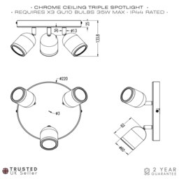 Rackhams Modern Triple Metal Spot IP44 Bathroom Chrome Ceiling with Adjustable Heads - thumbnail 5